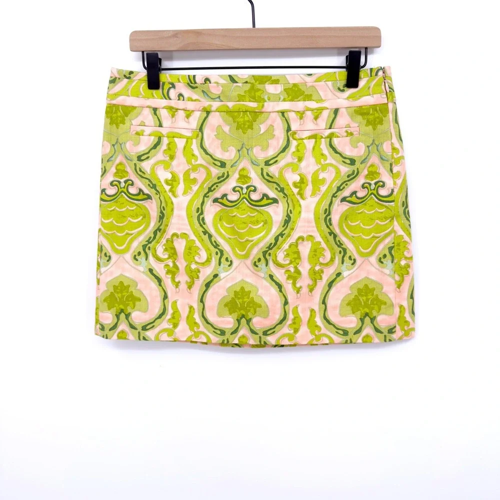 J.Crew Mini Skirt Damask Paisley Print Cotton Stretch Green Pink 6 Retro Preppy